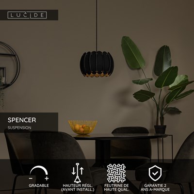 Lucide SPENCER - Suspension - Ø 30 cm - 1xE27 - Noir